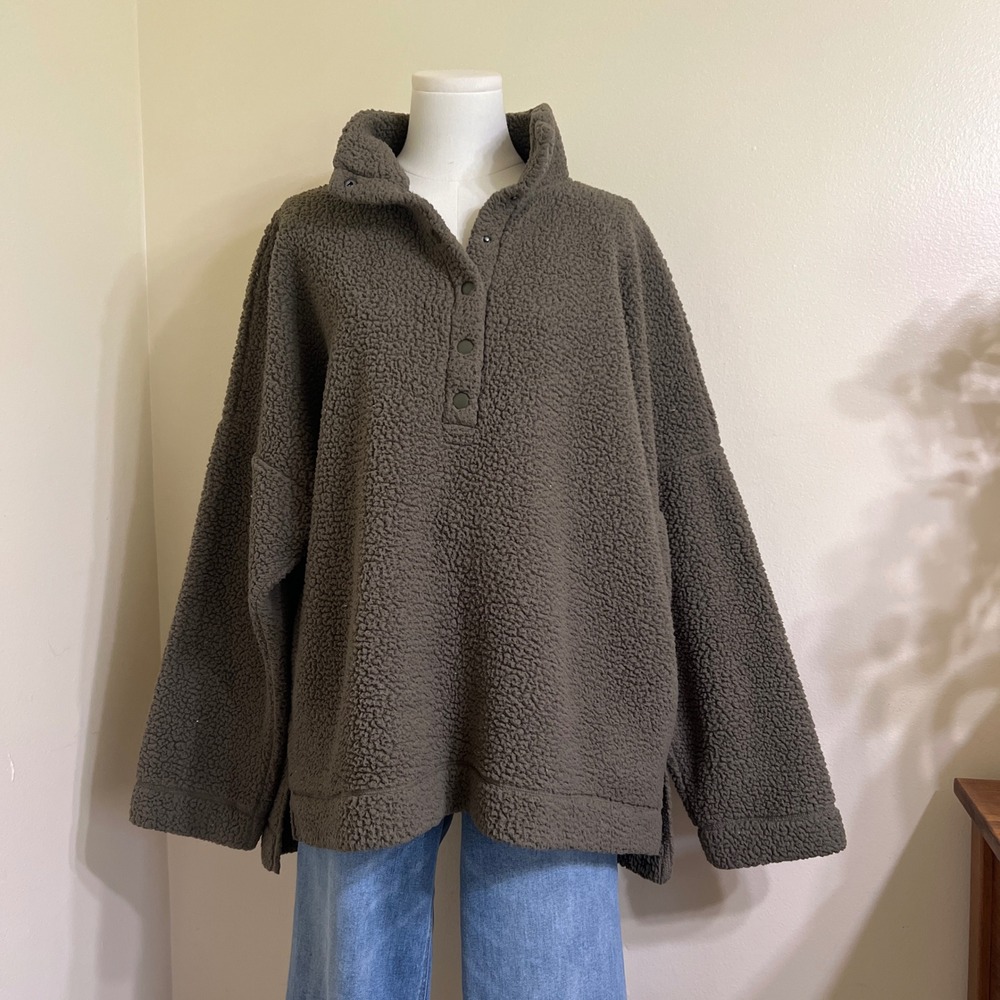 Aerie Olive Green Sherpa Fleece Oversized Snap Pullover Sweatshirt XL